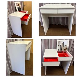 White Vanity table, flip top mirror. IKEA BRIMNES dressing table, red storage compartments