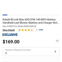 Kobalt 80-volt Max 630-CFM 140-MPH Battery Handheld Leaf Blower (only Charger Included)