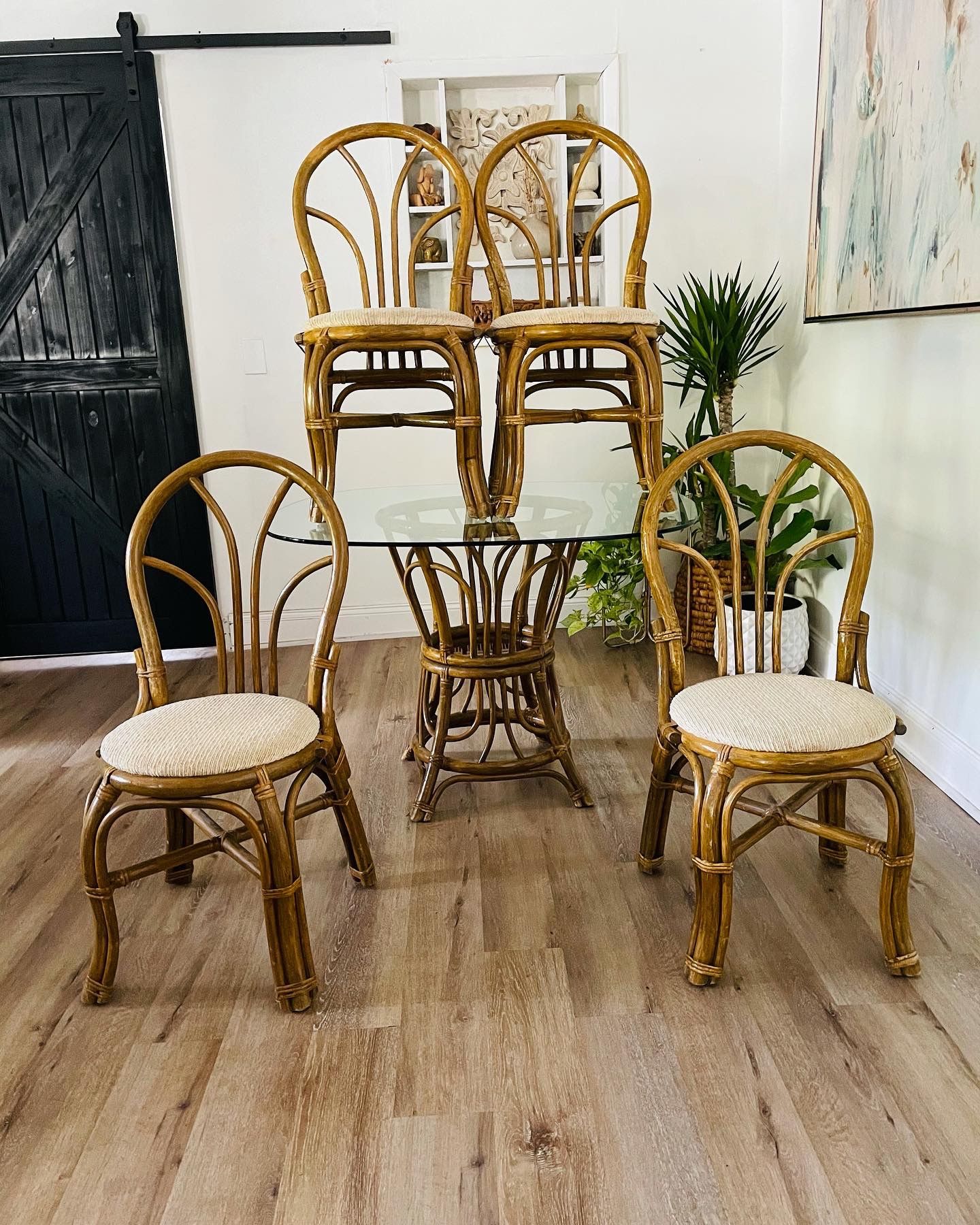 Coastal rattan bamboo 5pc glass round dining Natural Cane Wicker