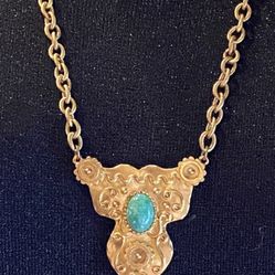 Vintage Etruscan Florenza Gold Brutalist Blue Green Cabochon Pendant Necklace