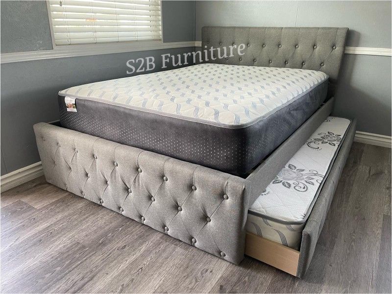 Full Twin Grey Frenchi Trundle Bed With Ortho Mattress Included!!