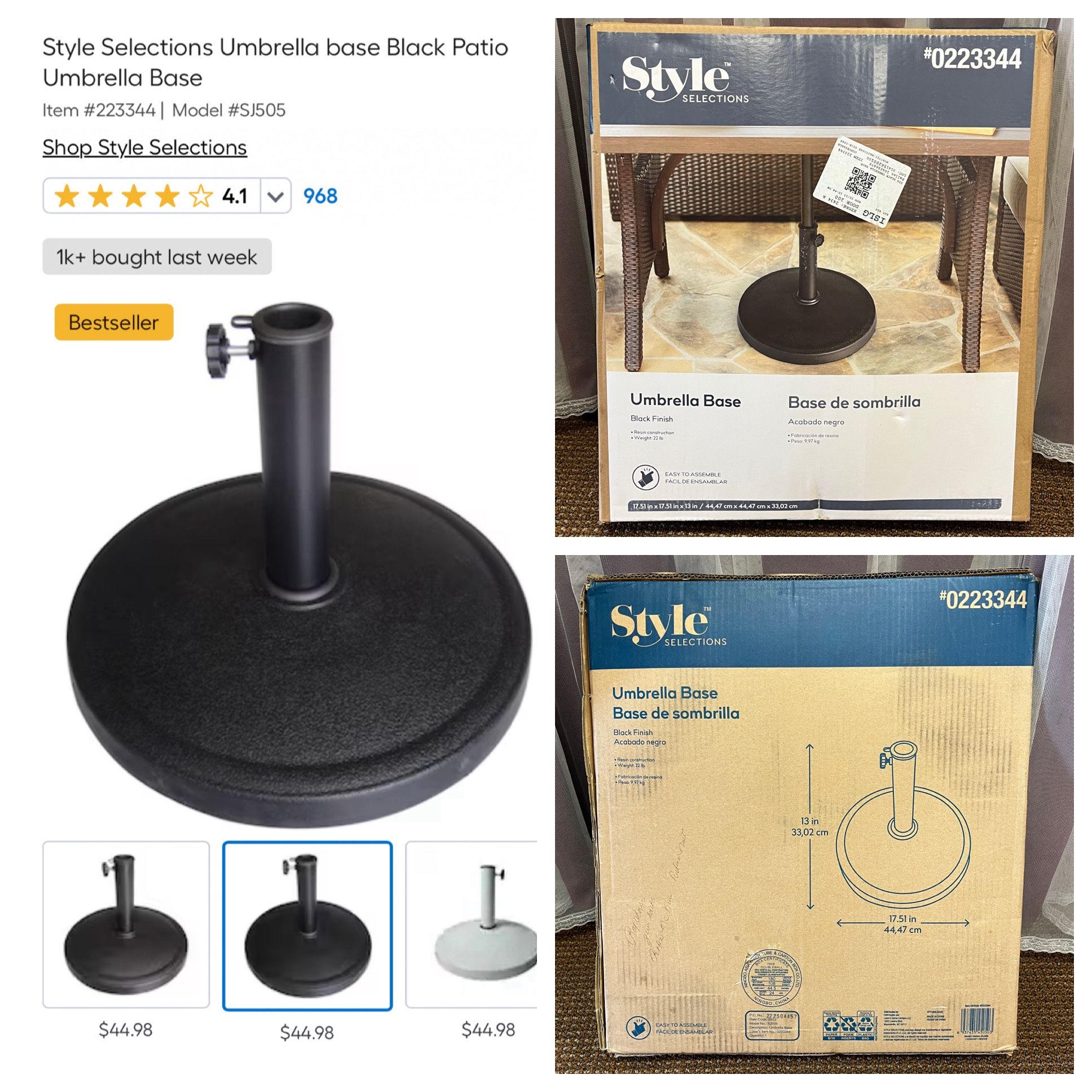 NEW Style Selections Umbrella Stand Black Outdoor Patio Umbrella Base. Free to ask, I reply