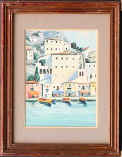 Mediterranean seaside vintage framed watercolor painting original artwork fine