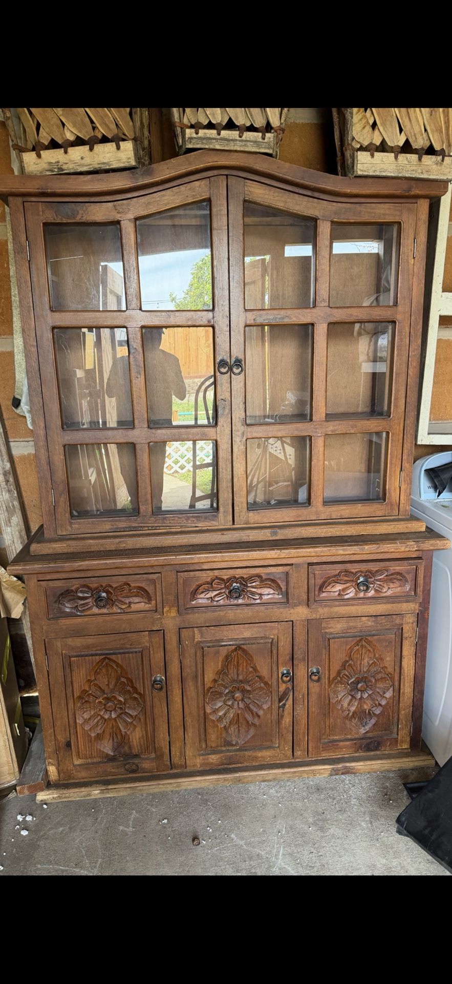 Vintage Hand-Carved Wood Corner Cabinet / Curio Hutch