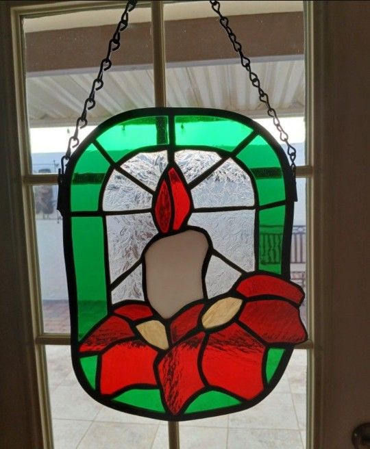 Vintage Christmas Candle Stained Glass Suncatcher 10.5"H x 8"W
