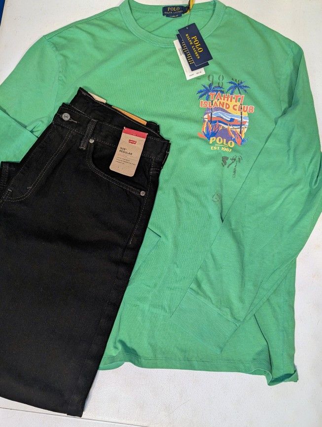 Men's Polo Long Sleeve Shirt With Levi Jeans (Shirt Size Large) (Pants Size 34x39)