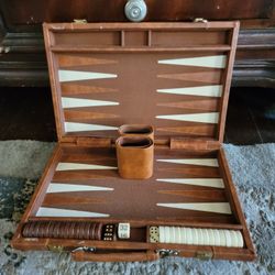 Vintage Travel Backgammon Game Wool Plaid Case Complete 1980s Faux Leather Fabric