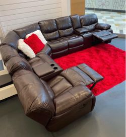 Limited time flash sale. Madrid Brown leather reclining sectional only $1299. Easy no credit check financing and full service delivery available.