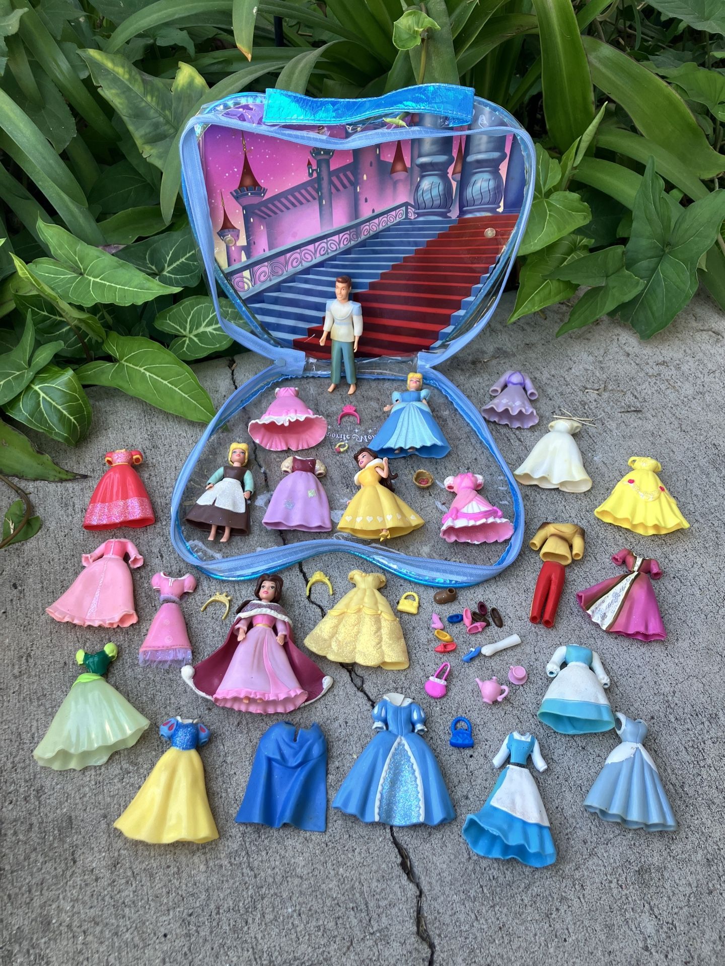 Vintage Disney Polly Pocket Dolls, Clothes, and Cinderella Zippered Storage Bag