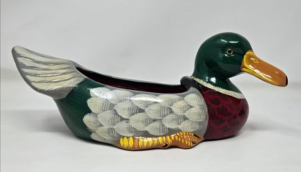 Vintage Large Hand Painted Mallard Duck Ceramic Planter 13" Glass Eyes