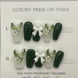 Handmade Reusable Press On Nails Green White Bow Flower Decor - SMALL