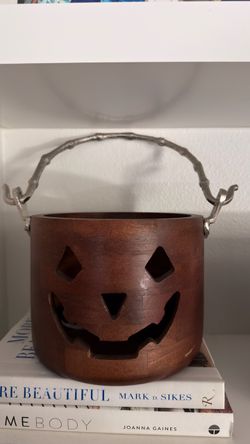 Wooden Jack-O-Lantern Bucket with Metal Handle