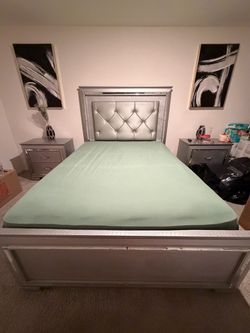 Silver Queen Bed Frame with Tufted Headboard
