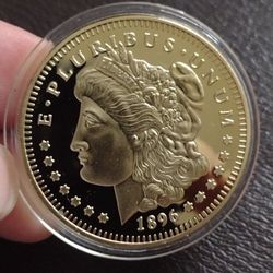 GREAT SOUVENIRS COIN US MORGAN (1896-S) 100 MILLS .999 FINE SILVER AND GOLD PLATED**29.0 GRAMS**HIGH RELIEF & GEM **DEEP MIRROR**