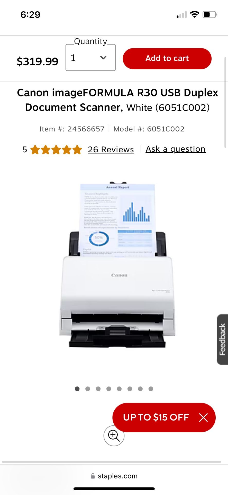 Canon imageFORMULA R30 USB Duplex Document Scanner