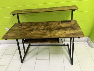 Rustic Brown Computer Desk with Hutch and Power Outlets