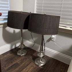 Two Table Lamps With Dark Brown Shades 