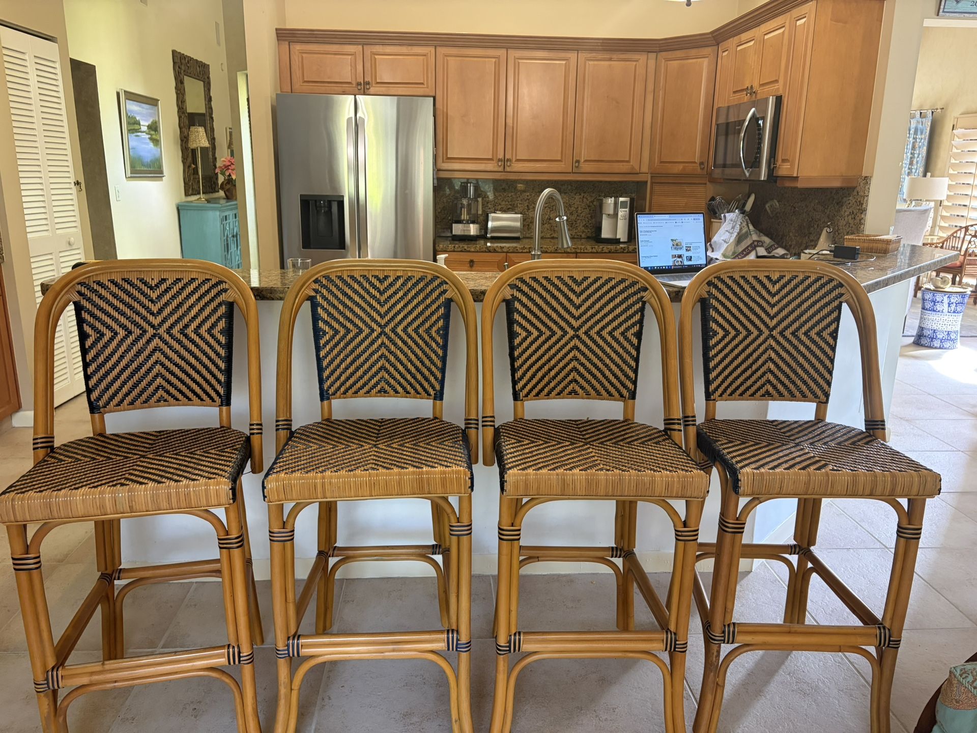 Four Wood And Raton Style Bar Stools 