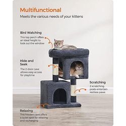Cat Tree, 26.4-Inch Cat Tower, Plush Condo for Kittens up to 7 lb, Large Perch, 2 Caves, Scratching Post, Smoky Gray UPCT611G01