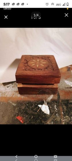 Vintage carved wooden box with brass inlays from Kathmandu Nepal 3"x3"x2"