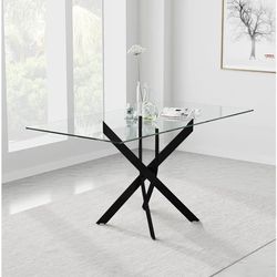 NIERN 47” Glass Dining Table Black Metal X Legs Modern 47x27 Kitchen Home Room