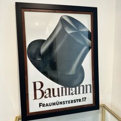 Vintage Herbert Leupin 'Baumann' Top Hat Poster - Large Framed Art - 29x39
