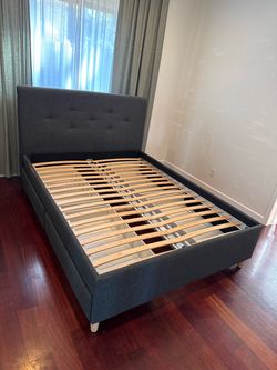 Queen blue upholstered ikea storage bed