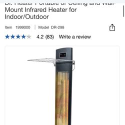 Dr Heater Infrared Outdoor / Indoor Heater With stand- Can Be Hung On Wall