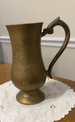 Brass Etched Tankard Mug With Decorative Handle