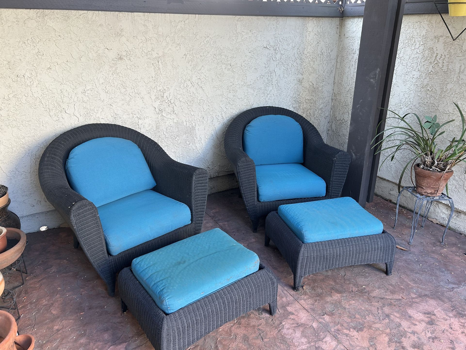 Large All Weather Black Wicker Chair Set With Ottomans
