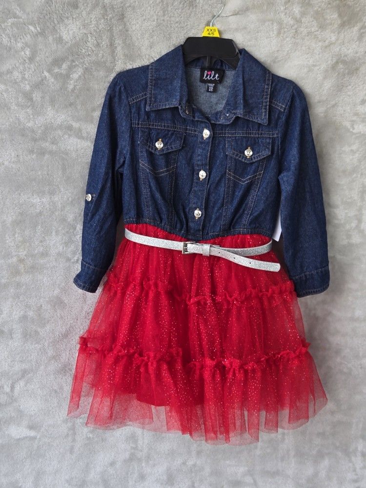 Lilt Girls Dress Denim & Red Tulle Rolled Sleeves Size XXS 4/5 Party Holiday Dress