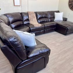 WE DELIVER! 🚚 - Cherry Brown Genuine Leather Reclining Modular Deep-Seated Modern Tufted U Sectional Couch with Chaise