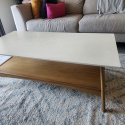 Mid Century Modern Coffee Table- White Top, Natural Wood Base