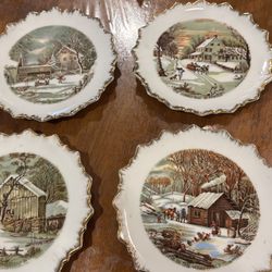 Vintage Currier And Ives Gold Rimmed Homestead In Winter Plates Set Of Four