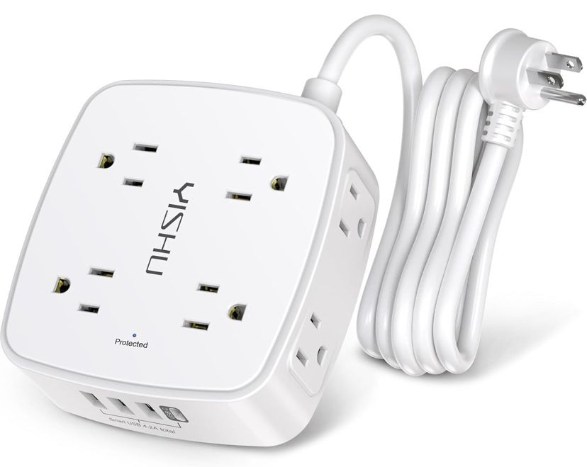 6 Ft Surge Protector Power Strip - 8 Widely Outlets with 4 USB Ports, 3 Side Outlet Extender with 6 Feet Extension Cord, Flat Plug, Wall Mount,