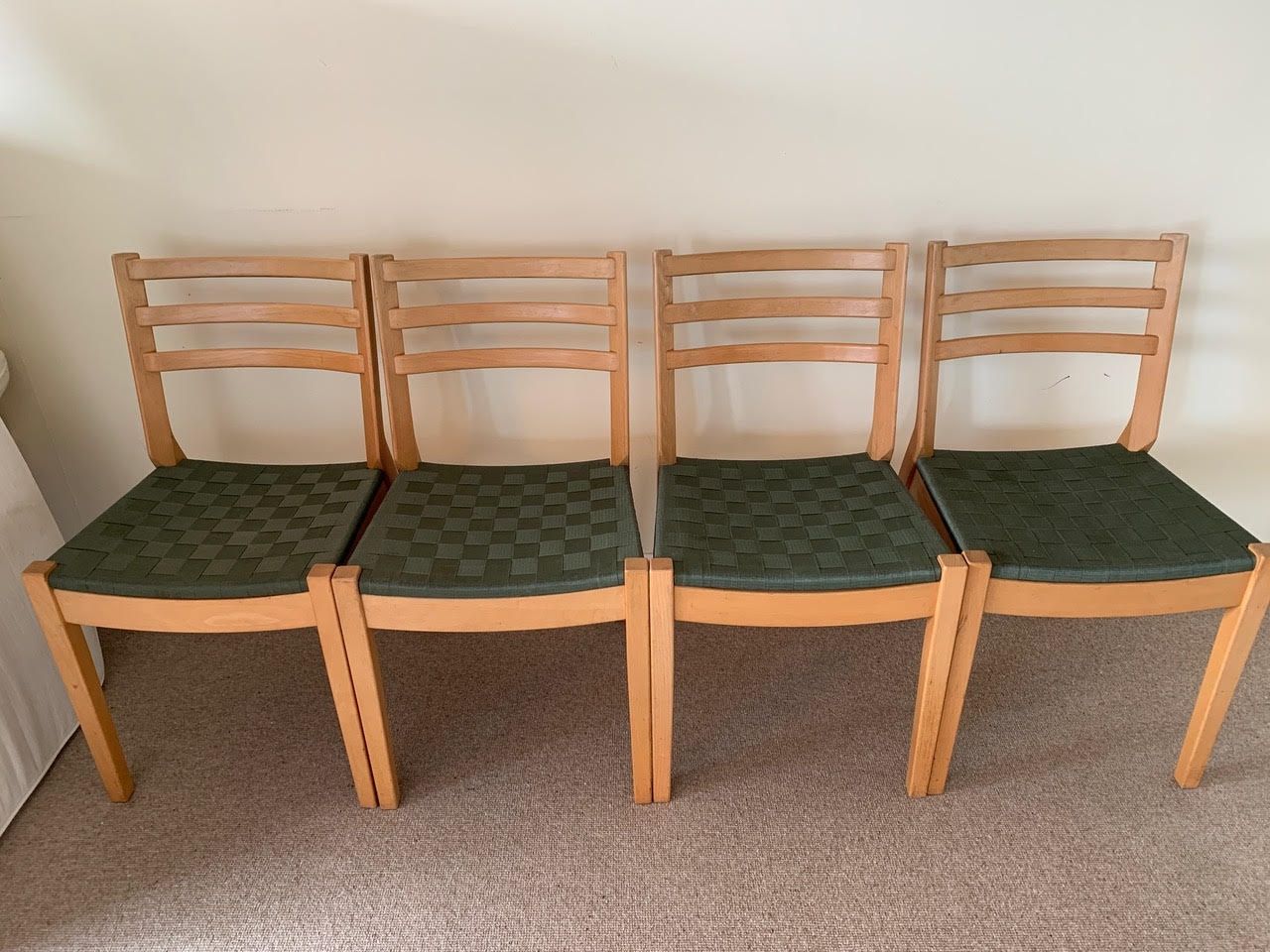Set of 4 Ikea INVIK 13742 Light/Blonde Wood chairs, with green woven seats.
