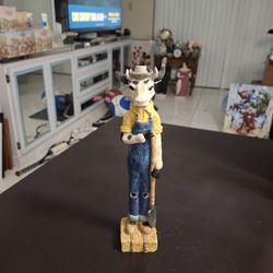 Skinny Cow Bull Farmer Figurine Wearing A Hat & Holding A Shovel 9.5" Tall 
