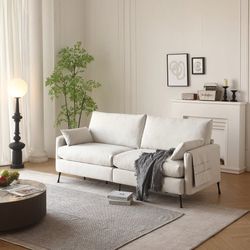 80.7" 3 Seater Cloud Sofa Linen Couch with Pillows Side Pockets Deep Seat Home,White