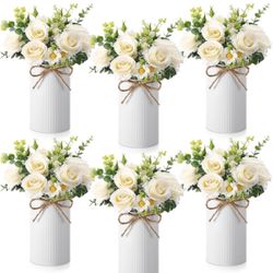 Domensi 6 Sets Wedding Centerpiece for Table Decoration Artificial Fake Rose Flowers with Metal Vase, Faux Silk Rose Bouquet Floral Arrangements for B