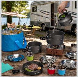 Brand new in box camping cookware kit (missing 1 set of spoon, fork and knife)