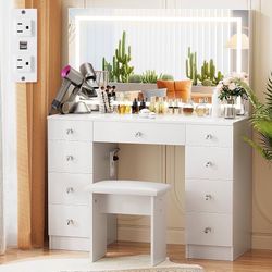 Vanity with Lighted Mirror - Makeup Vanity Desk with Power Outlet and 9 Drawers, 3 Color Lighting Modes Adjustable Brightness, 43" Vanity Table with S