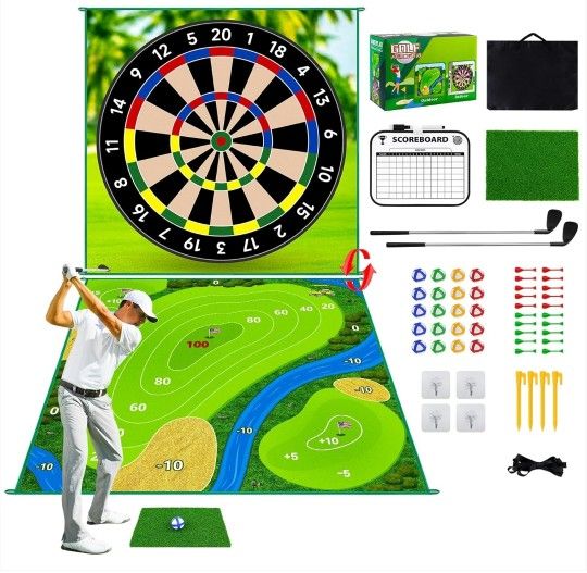 New 70"x70" Double Sided Golf Chipping Game Golf Hitting Mat | Golf Practice Mat Kits with 2pcs Golf Clubs & 20pcs Sticky Balls & 20pcs Sticky Darts |
