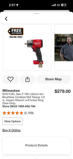 Milwaukee M18 FUEL Gen-2 18V Lithium-Ion Brushless Cordless Mid Torque 1/2 in. Impact Wrench w/Friction Ring (Tool-Only)
