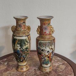 Vintage Japanese Satsuma Vases featuring hand-painted scenes of figures and landscapes,8 in Tall.