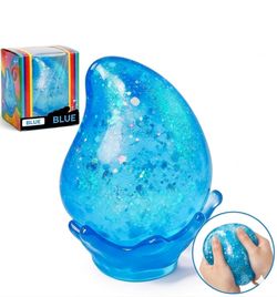 Glitter Drop Squishy Slow-Rise Sugar Toy w/ Removable Splash Display Stand Blue