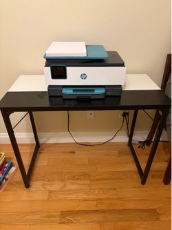 Metal desk black w/ black & white desktop