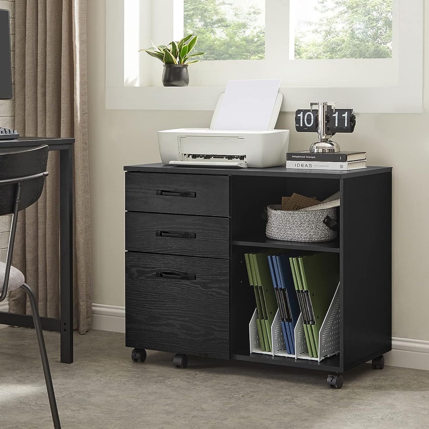 Lateral File Cabinet, Home Office Printer Stand, with 3 Drawers and Open Storage Shelves, for A4, Letter-Size Documents, Black with Wood Grain 