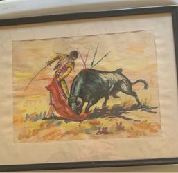 Framed Matador Bullfighting Watercolor Painting