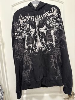Affliction Black Hoodie with White Gothic Crest Graphic. Men’s Size Large.