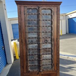 1800s Antique Rustic Indian Teak Wood Armoire Cabinet Hutch Pantry 81.5"x39"x18"